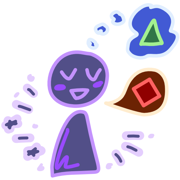 next to a purple figure is a brown speech bubble with a red square shaped diamond inside it. There is also has a blue thought bubble coming from the figure with a green triangle inside it. The figure has a confident expression and is surrounded by sparkles. The image has light line art. 